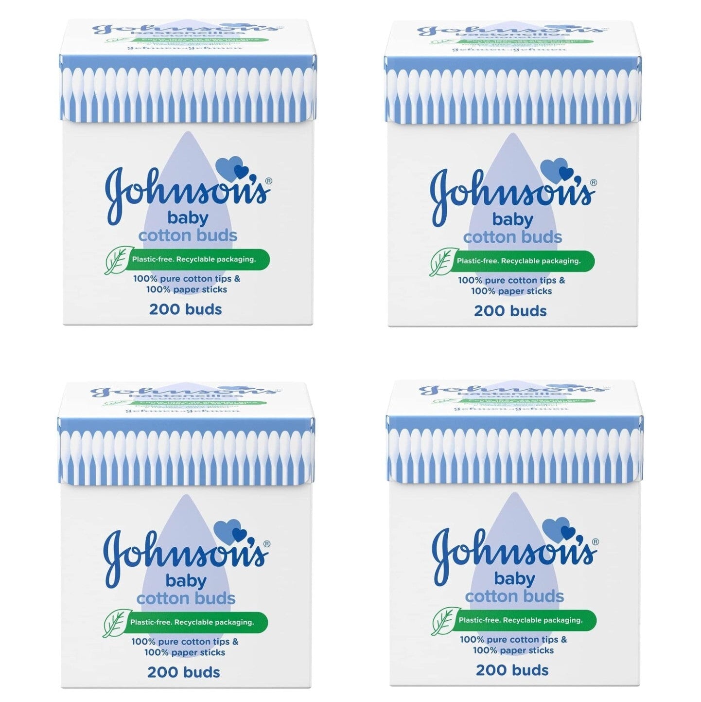 4 x Johnson's Baby Cotton Buds Pack of 200 Paper Sticks Plastic Free Pure Cotton