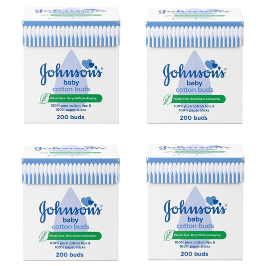 4 x Johnson's Baby Cotton Buds Pack of 200 Paper Sticks Plastic Free Pure Cotton
