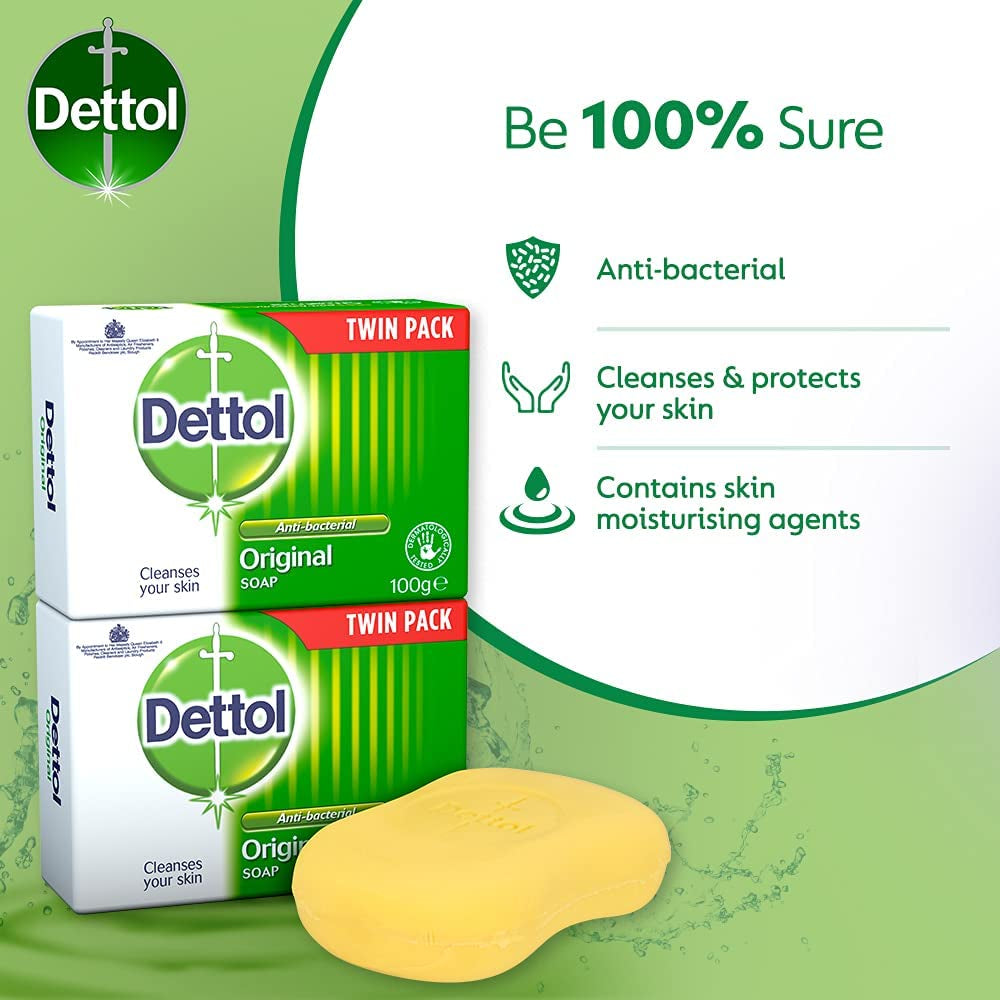 Dettol Antibacterial Bar Soap Original, Twin Pack ( 1 Pack of 2 Bars )